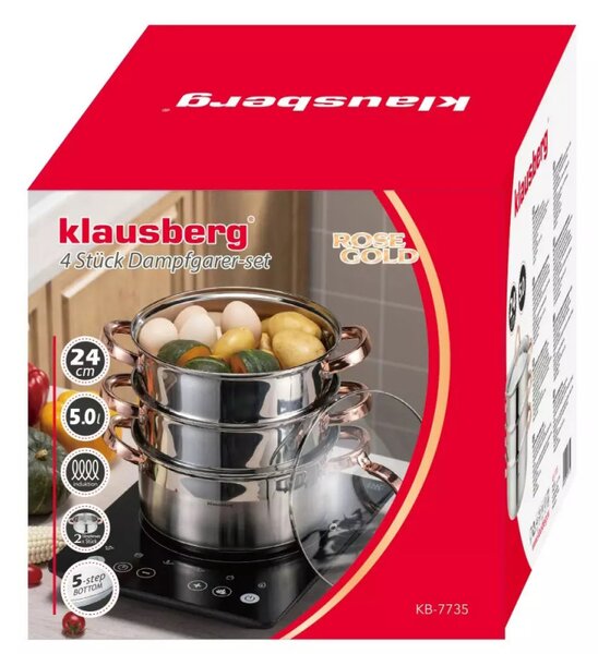 Ατμομάγειρας Klausberg KB 7735, 24 cm, 5 λίτρα, 4 τεμάχια, επαγωγικός, Inox/ροζ χρυσό