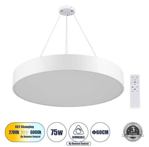 GloboStar® BURTON 61203-P Κρεμαστή Πλαφονιέρα Οροφής LED CCT 75W 8625lm 120° AC 220-240V - Εναλλαγή Φωτισμού μέσω Τηλεχειριστηρίου All In One Ψυχρό 6000k+Φυσικό 4500k+Θερμό 2700k Dimmable Φ60cm - Λευκό - 3 Years Warranty