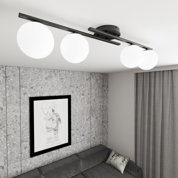 EMIBIG LIGHTING Φωτιστικό οροφής Kairo, μαύρο/οπαλίνα, μήκος 87 cm, 4 φτερά., ρυθμιζόμενος, Μαύρο, Σαλόνι / τραπεζαρία, Μέταλλο, σύγχρονο