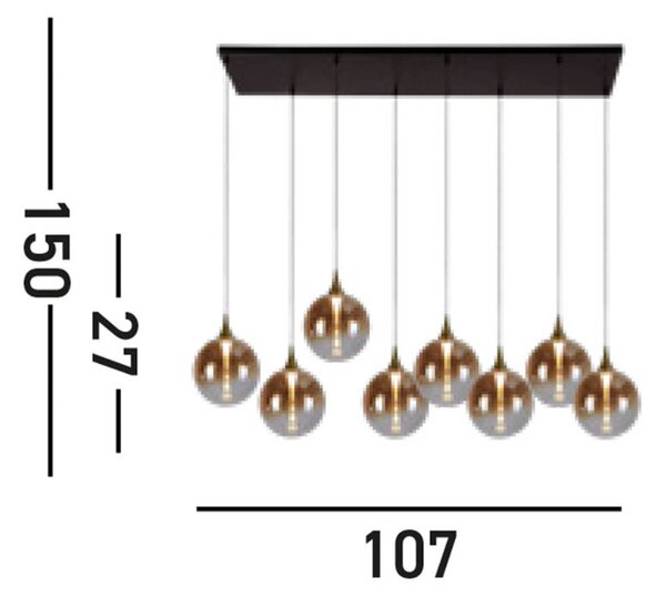 LED κρεμαστό φωτιστικό Alchemy, 8-φωτο, μαύρο, κεχριμπαρένιο, γυαλί