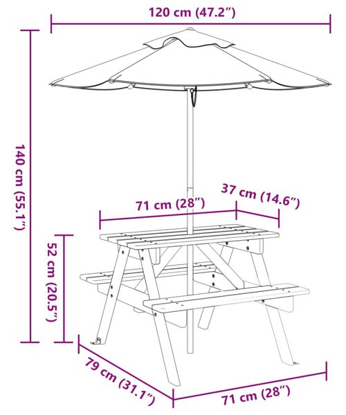 Τραπέζι Πικνίκ για 4 Παιδιά με Ομπρέλα από Μασίφ Ξύλο Ελάτης - Καφέ