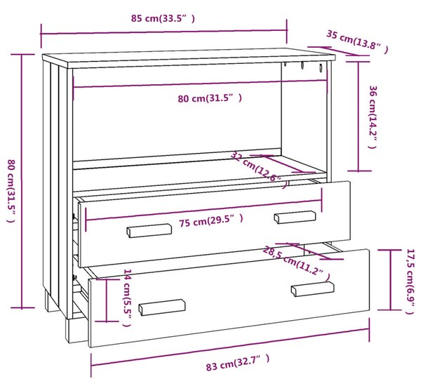 VidaXL Ντουλάπι HAMAR Σκ. Γκρι 85 x 35 x 80 εκ. από Μασίφ Ξύλο Πεύκου