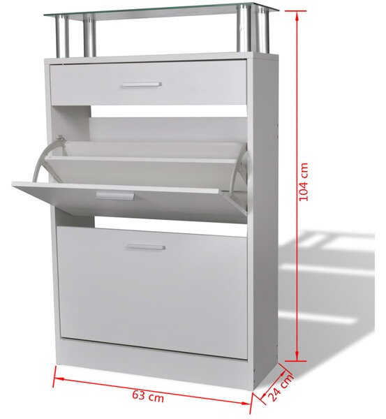 VidaXL Παπουτσοθήκη με Συρτάρι και Επάνω Γυάλινο Ράφι Λευκή Ξύλινη