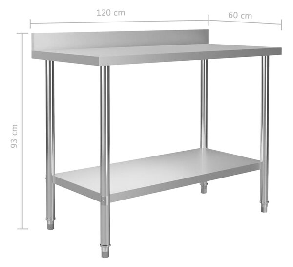 VidaXL Πάγκος Εργασίας Κουζίνας με Πλάτη 120x60x93 εκ. Ανοξείδ. Ατσάλι