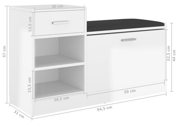 VidaXL Παπουτσοθήκη Γυαλ. Λευκή 94,5 x 31 x 57 εκ. από Επεξ. Ξύλο