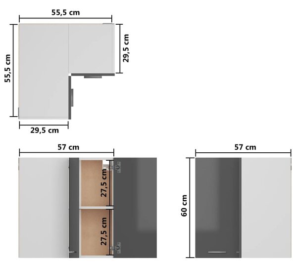 VidaXL Ντουλάπι Γωνία Κρεμαστό Γυαλ. Γκρι 57x57x60 εκ. από Επεξ. Ξύλο