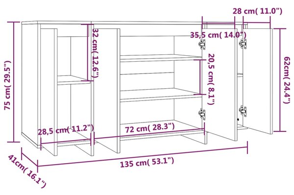 VidaXL Μπουφές Λευκός 135 x 41 x 75 εκ. από Επεξ. Ξύλο