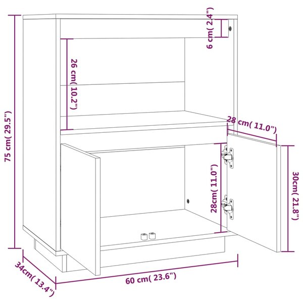 VidaXL Ντουλάπι Μαύρο 60 x 34 x 75 εκ. από Μασίφ Ξύλο Πεύκου