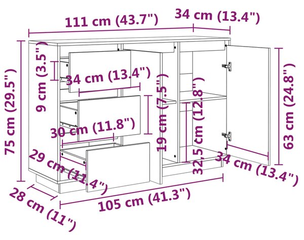 VidaXL Μπουφές με Συρτάρια Λευκός 111x34x75 εκ. από Μασίφ Ξύλο Πεύκου