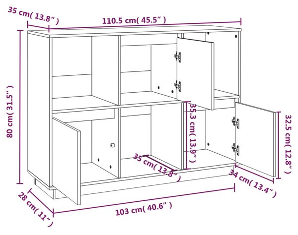 VidaXL Ντουλάπι Μαύρος 110,5x35x80 εκ. από Μασίφ Ξύλο Πεύκου