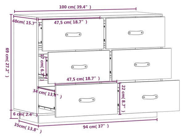 VidaXL Συρταριέρα Μαύρη 100 x 40 x 75 εκ. από Μασίφ Ξύλο Πεύκου