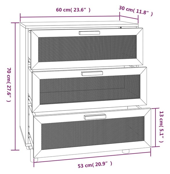 VidaXL Συρταριέρα Μαύρη 60x30x70 εκ. από Μασίφ Πεύκο & Φυσικό Ρατάν