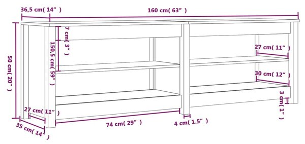 VidaXL Παπουτσοθήκη 160 x 36,5 x 50 εκ. από Μασίφ Ξύλο Πεύκου