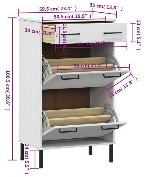 VidaXL Παπουτσοθήκη OSLO Λευκή Μασίφ Ξύλο Πεύκου με Μετ. Πόδια