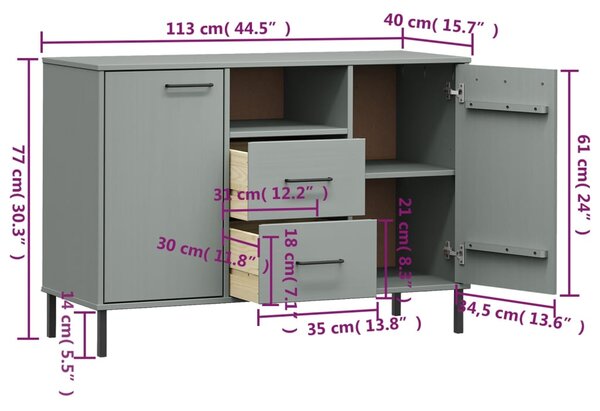 VidaXL Ντουλάπι OSLO Γκρι 113x40x77 εκ. Μασίφ Ξύλο με Μετ. Πόδια