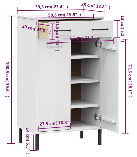 VidaXL Παπουτσοθήκη OSLO Λευκή Μασίφ Ξύλο Πεύκου με Μετ. Πόδια