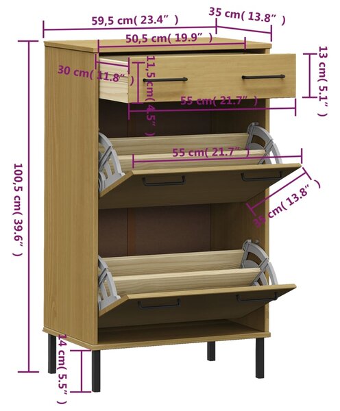 VidaXL Παπουτσοθήκη OSLO με Μεταλλικά Πόδια Καφέ από Μασίφ Ξύλο Πεύκου