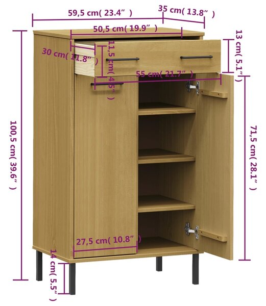 VidaXL Παπουτσοθήκη OSLO με Μεταλλικά Πόδια Καφέ από Μασίφ Ξύλο Πεύκου