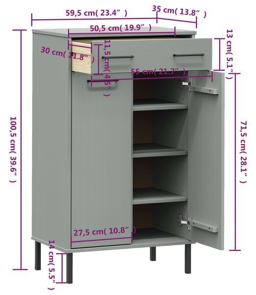 VidaXL Παπουτσοθήκη OSLO με Μεταλλικά Πόδια Γκρι από Μασίφ Ξύλο Πεύκου