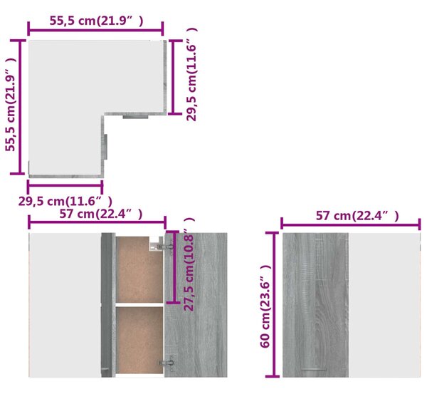 VidaXL Ντουλάπι Κρεμαστό Γωνιακό Γκρι Sonoma 57x57x60 εκ. Επεξ. Ξύλο