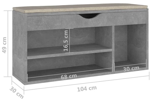 VidaXL Παπουτσοθήκη Γκρι Σκυρ. 104 x 30 x 49 εκ. Επεξ. Ξύλο Μαξιλάρι