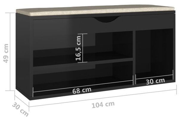 VidaXL Παπουτσοθήκη Γυαλ. Μαύρη 104x30x49εκ. Επεξ. Ξύλο με Μαξιλάρι