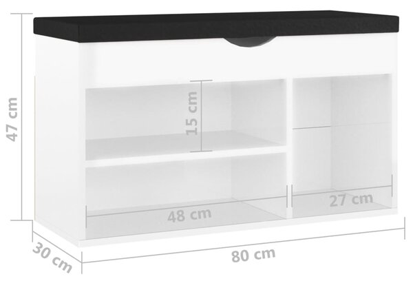 VidaXL Παπουτσοθήκη Γυαλ. Λευκή 80x30x47 εκ. Επεξ. Ξύλο με Μαξιλάρι