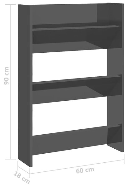 VidaXL Παπουτσοθήκη Τοίχου Γυαλ. Μαύρο 60 x 18 x 90 εκ. Επεξ. Ξύλο