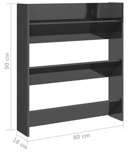 VidaXL Παπουτσοθήκη Τοίχου Γυαλ. Γκρι 80 x 18 x 90 εκ. Επεξ. Ξύλο