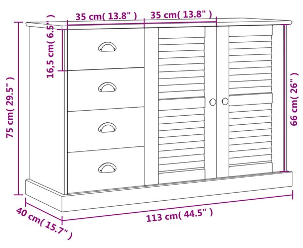 VidaXL Μπουφές με Συρτάρια VIGO Λευκό 113x40x75 εκ. Μασίφ Ξύλο Πεύκου