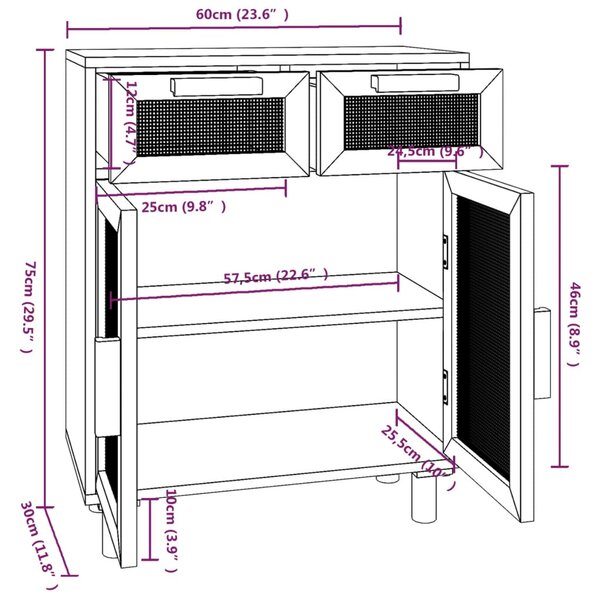 VidaXL Ντουλάπι Μαύρο 60 x 30 x 75 εκ. από Μασίφ Πεύκο & Φυσικό Ρατάν