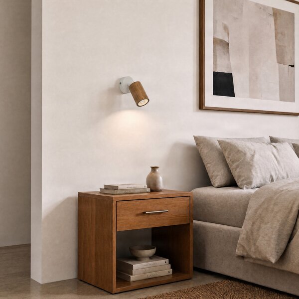 Luminex Επιτοίχιος προβολέας Nisse, λευκός, βάθος 18 cm, 1 φτερό, ξύλο/μέταλλο, ρυθμιζόμενος, Λευκό, Σαλόνι / τραπεζαρία, Ξύλο, Προβολέας τοίχου