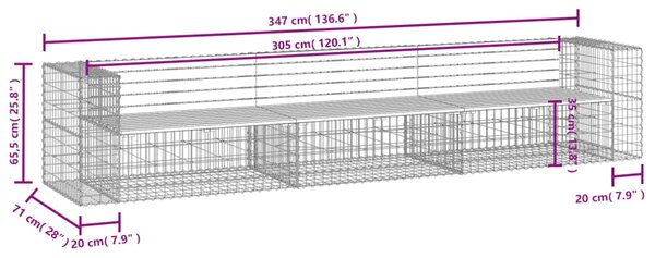 VidaXL Παγκάκι Κήπου Συρματοκιβώτιο 347x71x65,5 εκ. Μασίφ Ξύλο Πεύκου