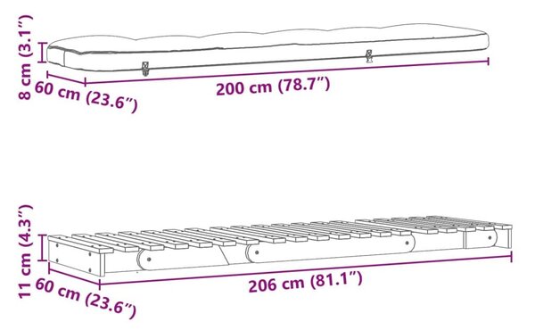 Καναπές Κρεβάτι Futon με Στρώμα 60x206x11 εκ. Μασίφ Ξύλο Πεύκου - Λευκό