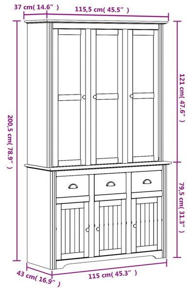 VidaXL Μπουφές BODO Λευκός 115,5x43x200,5 εκ. από Μασίφ Ξύλο Πεύκου