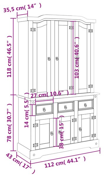 VidaXL Βιτρίνα Corona Καφέ 112x43x196εκ. Μασίφ Ξύλο Μεξικάνικου Πεύκου