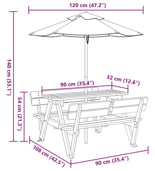 Τραπέζι Πικνίκ για 4 Παιδιά με Ομπρέλα από Μασίφ Ξύλο Ελάτης - Καφέ