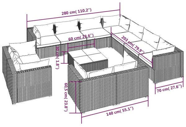 VidaXL Σαλόνι Κήπου 12 Τεμαχίων Μαύρο Συνθετικό Ρατάν με Μαξιλάρια