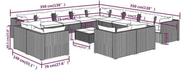 VidaXL Σαλόνι Κήπου Σετ 14 Τεμαχίων Καφέ Συνθετικό Ρατάν με Μαξιλάρια