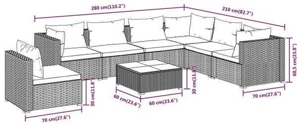 VidaXL Σαλόνι Κήπου Σετ 8 Τεμαχίων Καφέ Συνθετικό Ρατάν με Μαξιλάρια