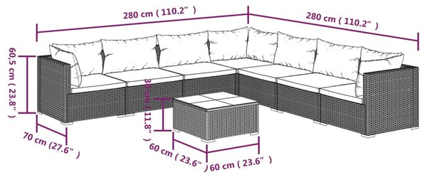 VidaXL Σαλόνι Κήπου Σετ 8 Τεμαχίων Καφέ Συνθετικό Ρατάν με Μαξιλάρια