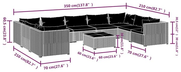 VidaXL Σαλόνι Κήπου 10 Τεμαχίων Μαύρο Συνθετικό Ρατάν με Μαξιλάρια