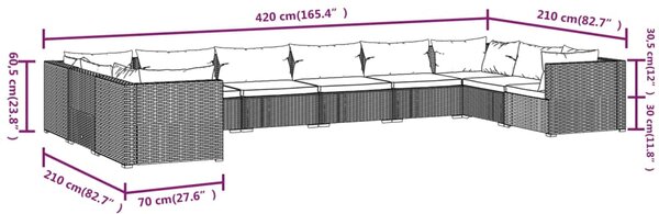 VidaXL Σαλόνι Κήπου Σετ 10 Τεμαχίων Καφέ Συνθετικό Ρατάν με Μαξιλάρια