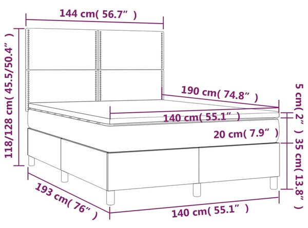 VidaXL Κρεβάτι Boxspring με Στρώμα & LED Σκ. Γκρι 140x190εκ. Βελούδινο