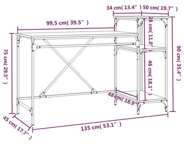 VidaXL Γραφείο με Ράφια Καπνιστή Δρυς 135x50x90 εκ. Επεξ. Ξύλο/Σίδηρος