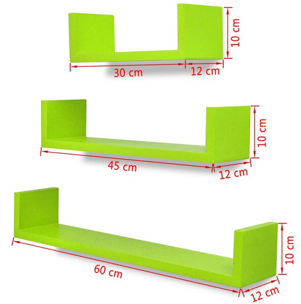 Ράφια Τοίχου για Βιβλία/DVD Σχήματος «U» 3 τεμ. Πράσινα από MDF