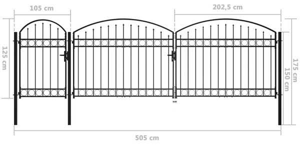 VidaXL Καγκελόπορτα με Αψιδωτή Κορυφή Μαύρη 1,75 x 5 μ. Ατσάλινη