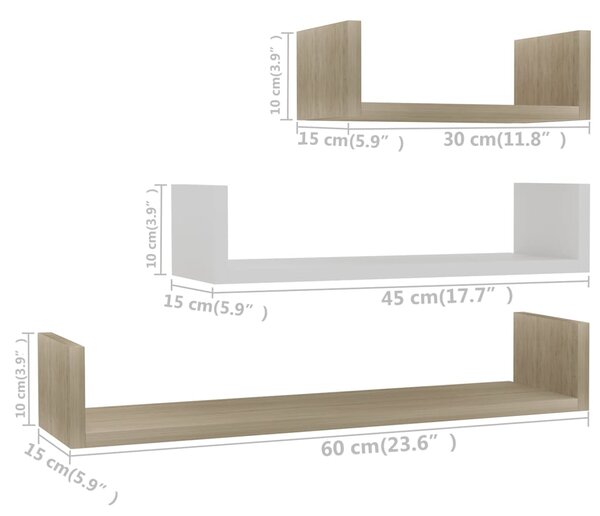 VidaXL Ράφια Τοίχου 3 τεμ. Λευκό/Sonoma Δρυς από Επεξεργασμένο Ξύλο