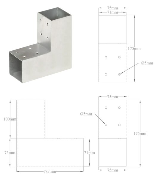 VidaXL Σύνδεσμοι Στύλου Σχήμα L 4 τεμ. 71x71 χιλ. Γαλβανισμένο Μέταλλο