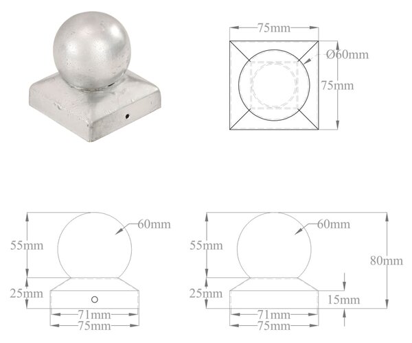 VidaXL Καπάκια Κολόνας Σφαίρα 6 τεμ. 71x71 χιλ. Γαλβανισμένο Μέταλλο